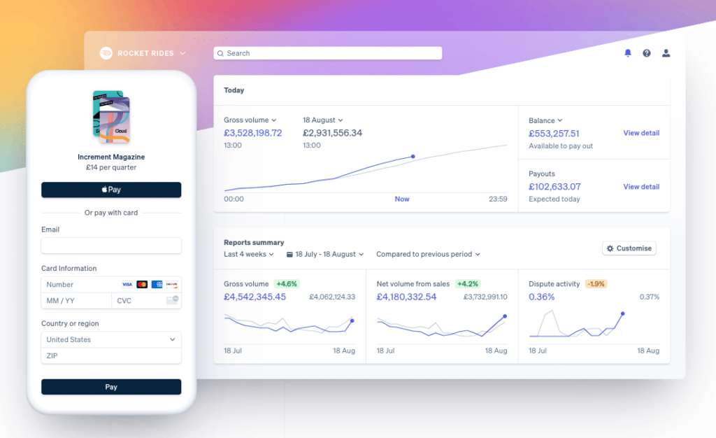 Stripe checkout page and analytics dashboard showing payment processing, revenue tracking, and business metrics